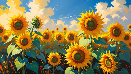 Vibrant Oil Painting of a Sunflower Field under a Bright Blue Sky – Textured Brushstrokes and Artistic Summer Landscape