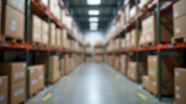 Blurred warehouse interior with tall shelves full of brown cardboard boxes. Industrial logistics storage background. Warm lights. Empty central aisle. Abstract supply chain concept.