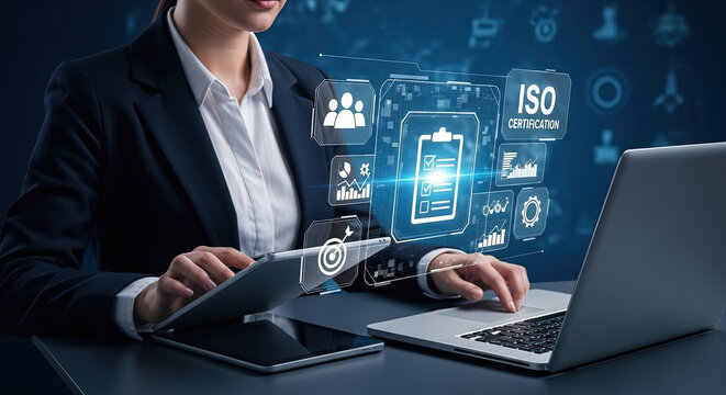 ISO Certification Process: Business Woman with Laptop and Tablet Demonstrating Quality Standards and Compliance in a Modern Office Setting for Microstock