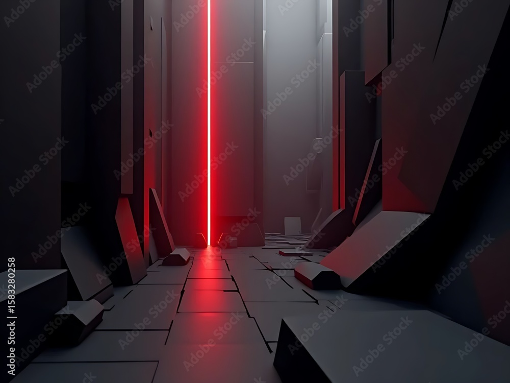 Fototapete An abstract rendering of a futuristic corridor featuring a single vibrant red light, dark walls and tiled floor.