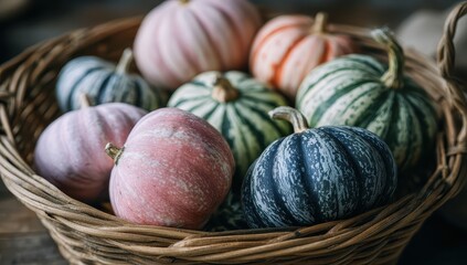 Assortment of striped pumpkins in a wicker basket, warm and inviting display