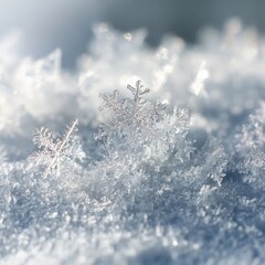Snowflakes sparkling, laying on a winter surface in cold environment, macro shot