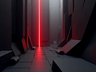 An abstract rendering of a futuristic corridor featuring a single vibrant red light, dark walls and tiled floor.
