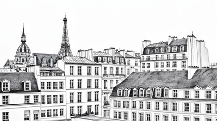 Detailed black and white drawing of parisian buildings.