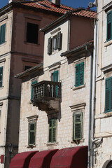 Facade of an old building, historical architecture in Kotor, Montenegro