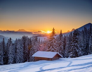 Fototapeta premium snowy mountain cabin at dawn