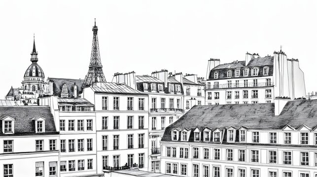 Fototapeta Detailed black and white drawing of parisian buildings.