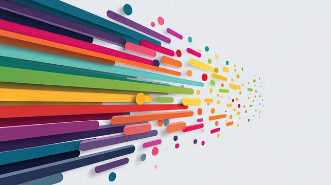 Vibrant colorful elongated 3D bars and dots exploding on white background, symbolizing energy, creativity, diversity and dynamic movement - Powered by Adobe