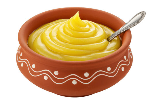 Delicious ghee in a bowl with spoon isolated on transparent background