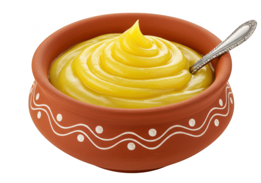 Delicious ghee in a bowl with spoon isolated on transparent background