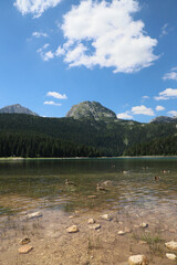 View of rocks in the middle of Black Lake in Montenegro. Mountains, forest