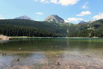 horizontal photo of Black Lake in Montenegro, view of mountains and forest