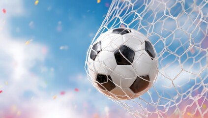 Soccer ball in net, against sky