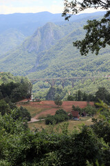 view of the Tara River Canyon and the Djurdjevich Bridge. Forested mountain range. Montenegro