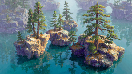 Floating rock islands with pine trees, dreamlike