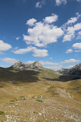 Mountain pass Sedlo in the north of Montenegro. Houses at the foot of the mountains. Mountain range...