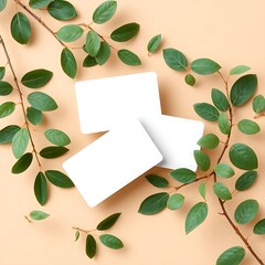 Three blank cards are presented with natural green leaves on a warm beige background offering copy space.