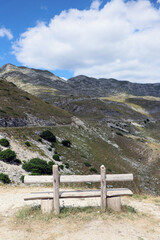 wooden bench overlooking the mountain range. Northern Montenegro. Durmitor National Park, Durmitor Massif,