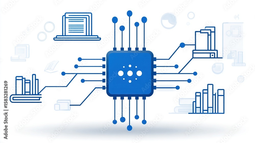 Aufkleber blue microchip connected to icons of computer, factory, graph and data, illustrating digital technol