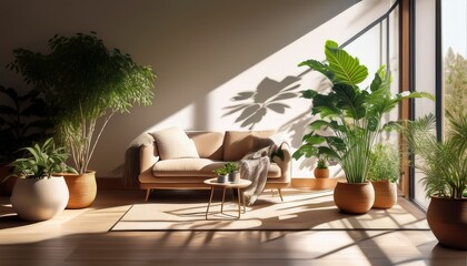 Fototapeta premium interior of modern living room with plants and a window with shadow
