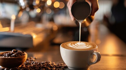 The art of pouring a perfect latte in a cozy coffee shop.