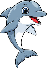 Naklejka premium Cute cartoon dolphin jumping with a happy smile, friendly marine mammal character for children's designs, playful ocean animal illustration perfect for educational materials, lively aquatic creature