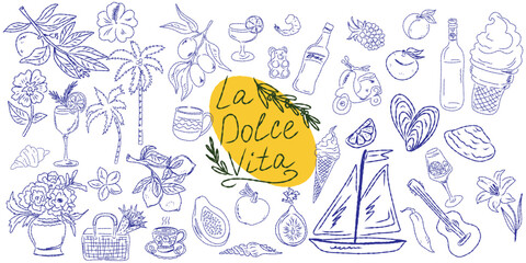 Set of hand drawn summer food icons. Mediterranean la dolce vita. Sketchy whimsical style