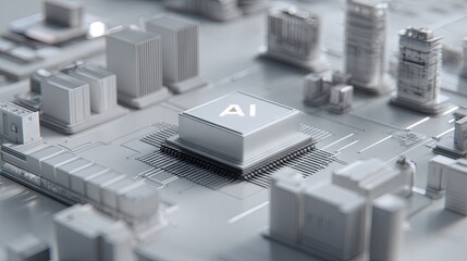 Monochrome AI cityscape concept with microchip core and urban building blocks representing artificial intelligence integration in infrastructure