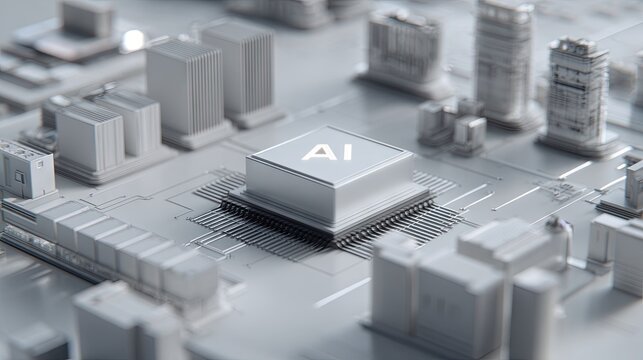 Monochrome AI cityscape concept with microchip core and urban building blocks representing artificial intelligence integration in infrastructure