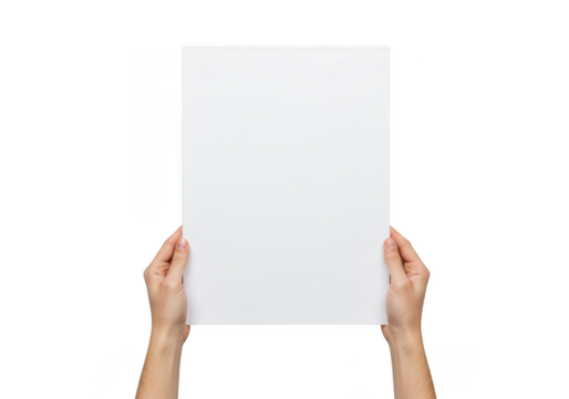 Hands holding blank paper sheet mockup isolated on transparent background