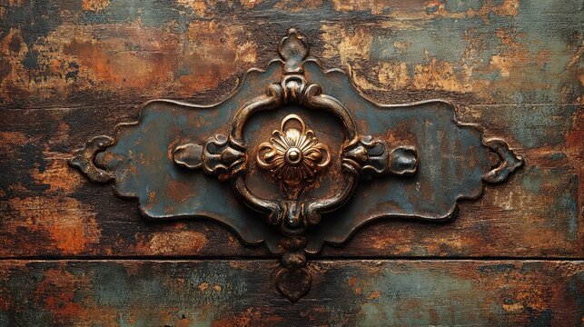 Vintage lock and key with metal patina wood backdrop and antique tone ideal for nostalgia or security themes