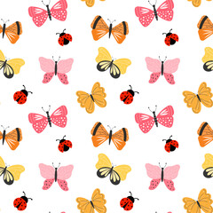 Seamless vector pattern with colorful butterflies and ladybugs. Cute and playful insect design, perfect for kids textiles, nursery decor, wrapping paper, and spring or summer projects.