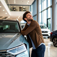 Smiling businessman talking on phone in broken car on roadside