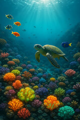  Coral reef with turtle and fish underwater
