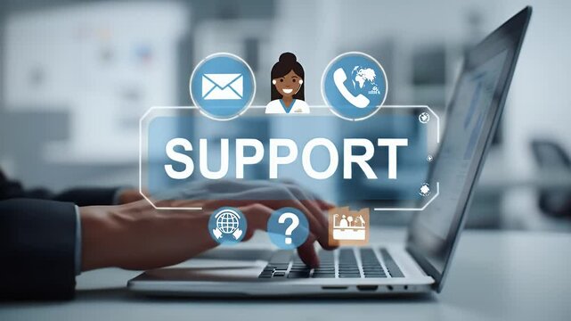 Hands Typing on Laptop with Blue Support Graphic Overlay in Office with Blurred Background