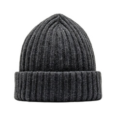 Soft wool beanie in charcoal gray. Isolated white background. Png format