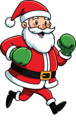 Cheerful Cartoon Santa Claus Character in Classic Red Suit and Green Boxing Gloves, Energetically Jogging or Running, Representing Holiday Fitness, and Festive Preparation.