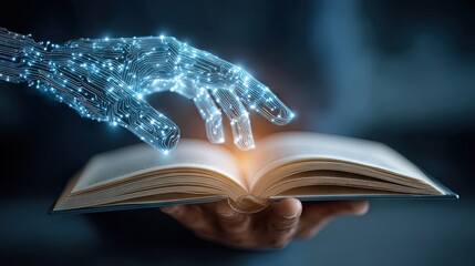 Digital glowing hand of artificial intelligence reaching for an open book, symbolizing the fusion of technology with human knowledge