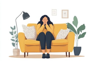 Sick at home concept, woman sneezing on the sofa during the winter season, dealing with cold symptoms, Generative AI