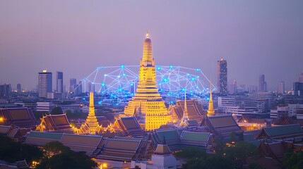 Illuminated temple complex with interconnected network overlay.