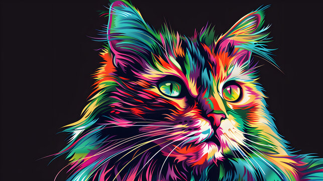 
Colorful portrait of a cat with a dark isolated background in pop art style. WPAP style.