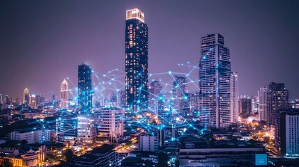 Illuminated cityscape at night with glowing network connections.