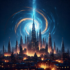 Fototapeta premium A surreal, futuristic city with a glowing portal in the sky. An epic sci-fi landscape for fantasy and adventure concepts.