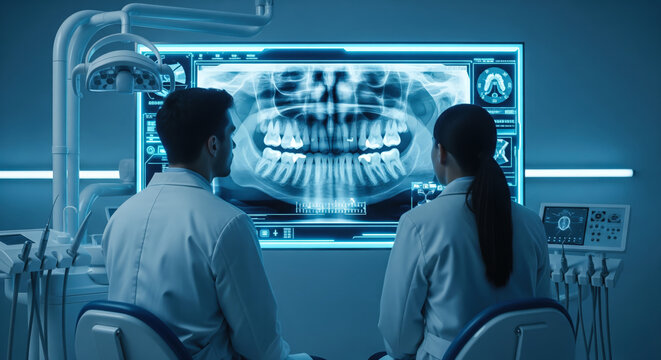 Dentist analyses a tooth X-ray holographic film. The concept of dental care, diagnostics, and precision in oral health treatment with modern technology. Generative AI. - Powered by Adobe