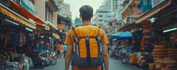 Backpacker journey destination concept. Young tourism student traveling on a city tour at a market street in Southeast Asia during the summer vacation trip, Generative AI