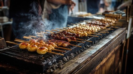 Japanese yakitori skewers over charcoal grill