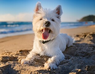 joyful small white dog rests on warm sand at the beach enjoying the sunny day gentle ocean waves provide a serene background while the dog playfully sticks out its tongue