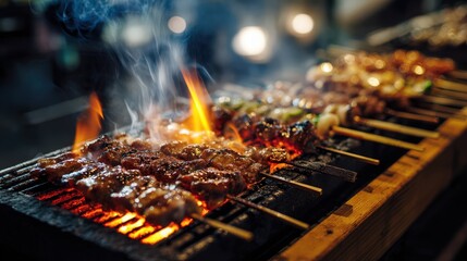 Japanese yakitori skewers over charcoal grill