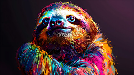 Digital portrait of a sloth in pop art style on a dark background. Illustration concept for projects in design, advertising, print, interior design or branding.