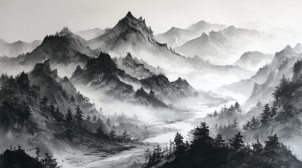 Foggy mountains and river, Chinese ink wash painting